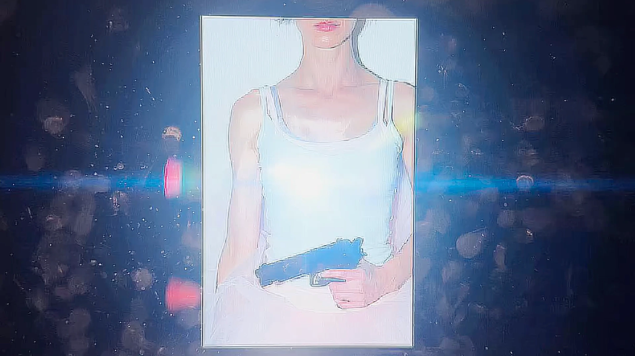 A bright portrait of a woman overlaid with light flares
